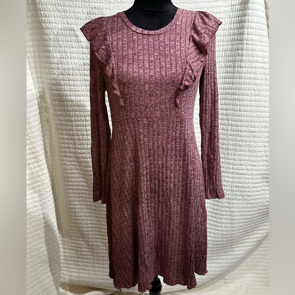 Maternity Smocked Crew Neck Flying Long Sleeve Loose Knit Textured Mini Dress